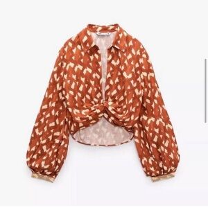 Zara Linen Blend twist front long sleeve cropped blouse Sz S